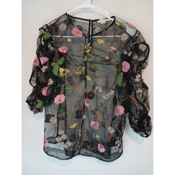 H&M Tops - H&M Floral Embroidered Mesh Top Sz 12 Sheer Black Whimsiegoth Puff Sleeve Blouse